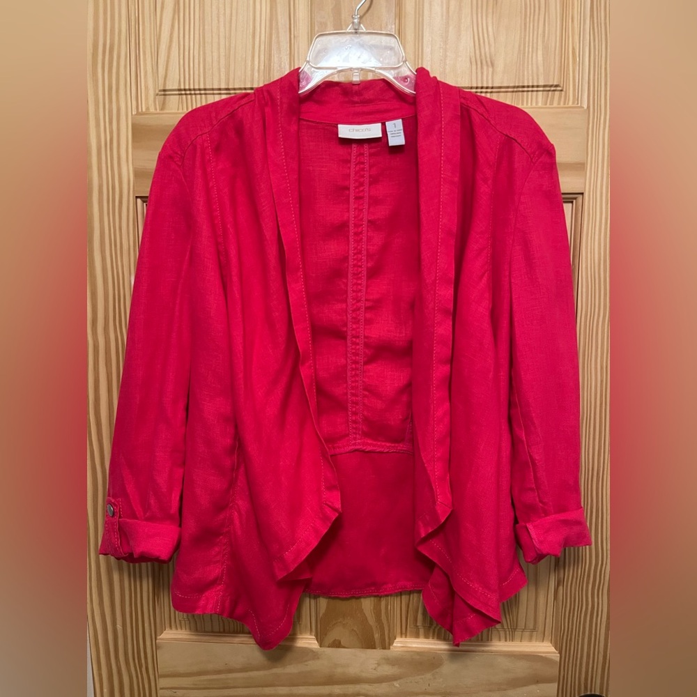 Chico's Size 1 (US Size M (8)) 100% Linen Fuchsia Unstructured Jacket, 3/4 Slv